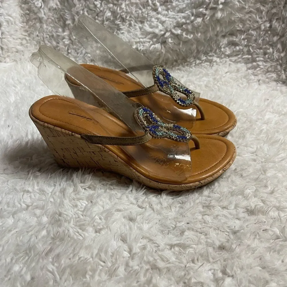 Chicos Elegant multi color Beaded cork wedge Sandals SZ9.
